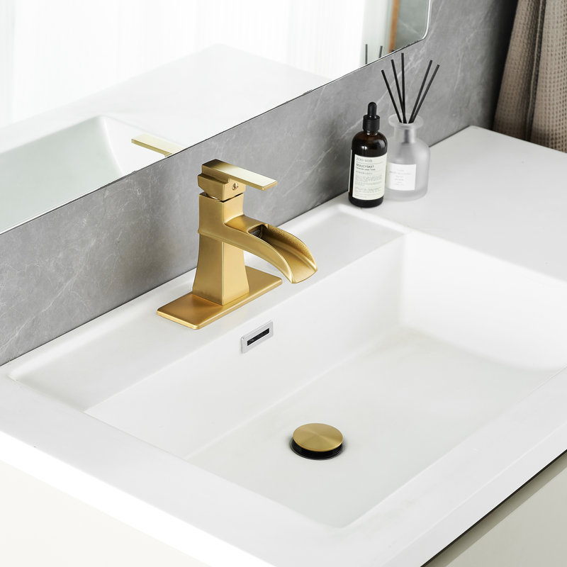Robinet pour salle de bain en or brossé avec plaque de cascade, bonde escamotable, conduites d'alimentation, une poignée, corrosion ternie
