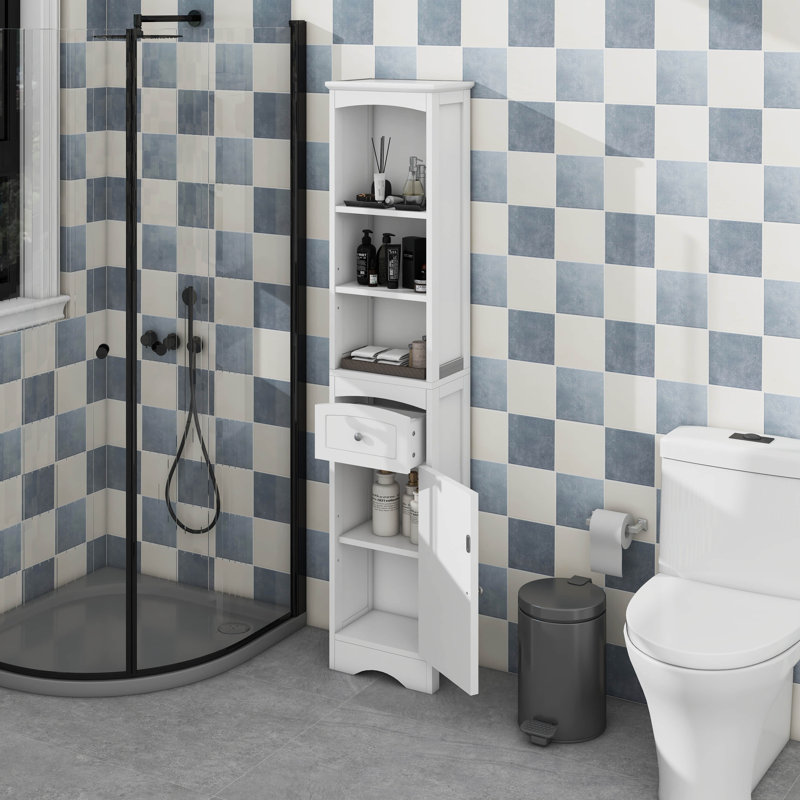 Armoire de salle de bain haute avec tablette réglable, armoire de rangement autoportante avec tiroir et porte, Blanc