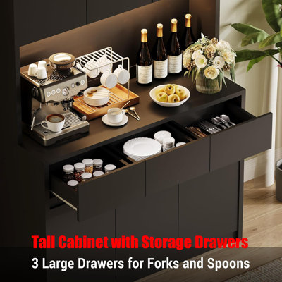 71" Kitchen Pantry Cabinet With Led Lights And Power Outlets