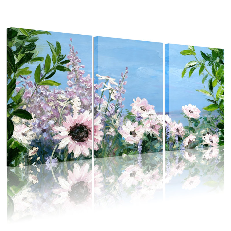 Assortiment de bouquets de fleurs sur fond de jardin reflets du ciel, ensemble de 3 impressions sur toile, H 18 po x l 36 po