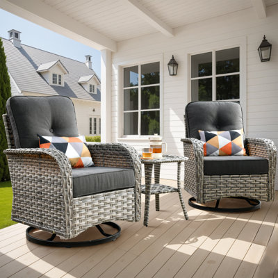 Emroy 2 - Person Outdoor Wicker Swivel Chairs with Side Table, All Weather High Back Rattan Chairs 2-Seater with Comfy Cushions