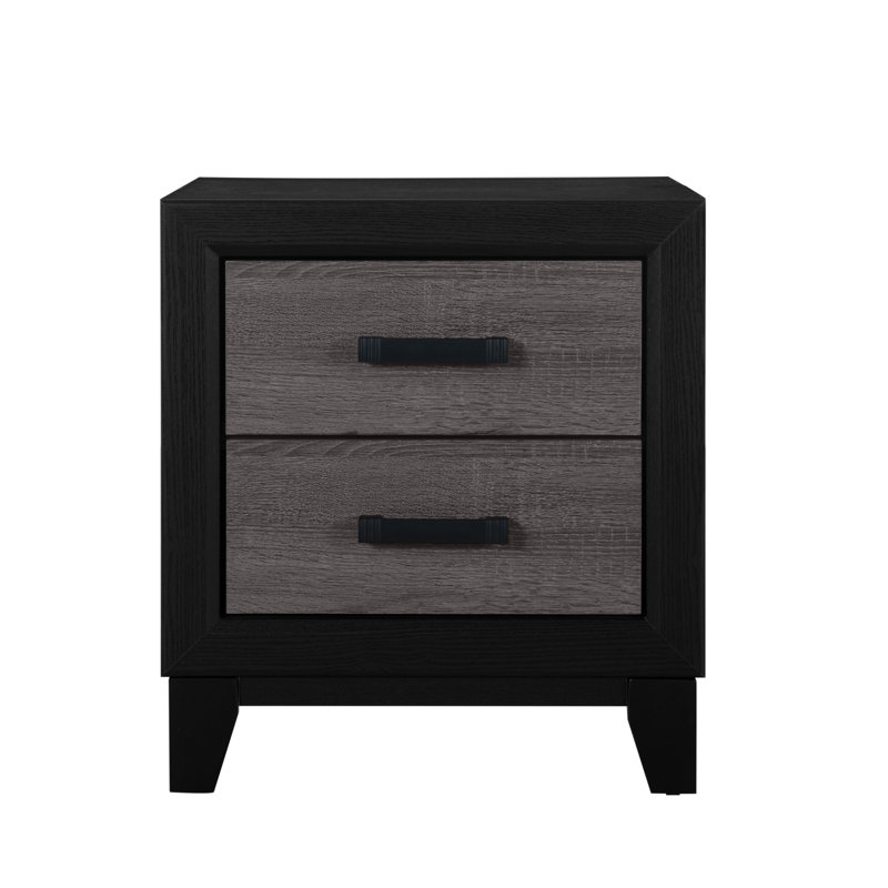 Table de chevet grise et noire SOLUTO avec tiroirs spacieux, style campagnard rustique pour un rangement élégant dans la chambre à coucher.