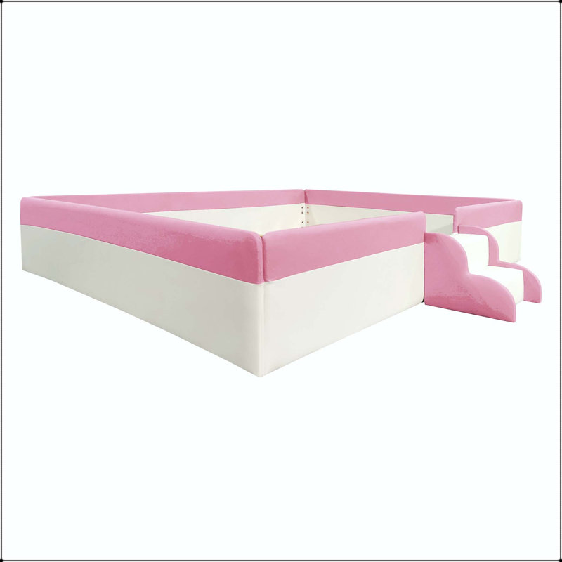 Grand lit de jour rembourré avec clôture et escalier, Grand lit, Blanc + rose