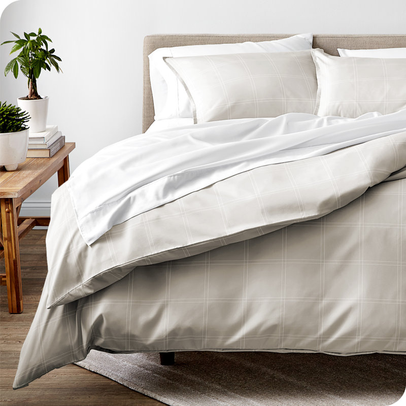 Ensemble de housse de couette et taie décorative en microfibre de qualité supérieure, Tissu écossais - pierre / blanc