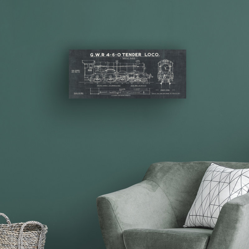«Train Blueprint III Black» par Wild Apple Portfolio - impression sur toile tendue, H 10 po x l 24 po x P 2 po