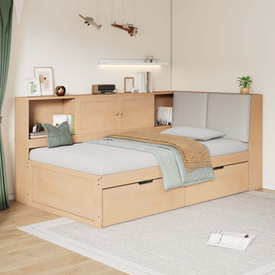 Lit de jour en L simple en bois avec rangement, bibliothèque, tête de lit tapissier et ports de charge USB pour un espace limité, naturel