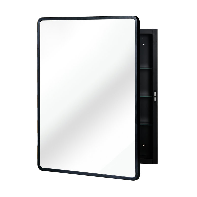 Black Metal Framed 24X30 Inch Mirror Cabinet - For Bathroom Wall Mount Or Recessed 3 Adjustable Shelves, Tempered Glass Interior With Frame Attraction