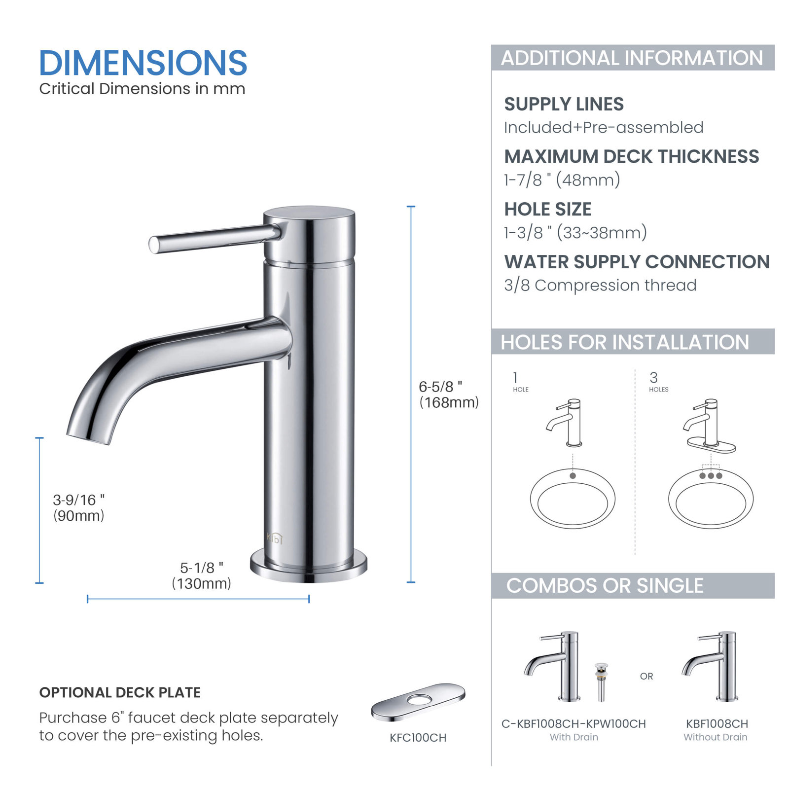 Circular Single-Hole Bathroom Faucet, Chrome, Drain Assembly Not Included