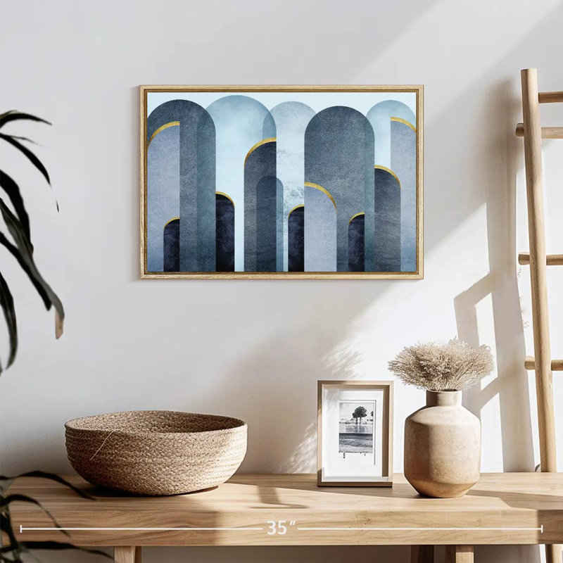 Arches bleu Mid-Century, 19 po x 13 po, Cadre flottant en bois naturel