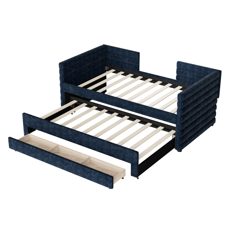 Twin Size Upholstered Daybed with Trundle and 3 Storage Drawers, Chenille Fabric Sofa Bed for Guest Room, Living Room, Space-Saving Modern Day Bed Frame, No Box Spring Needed,Dark Blue