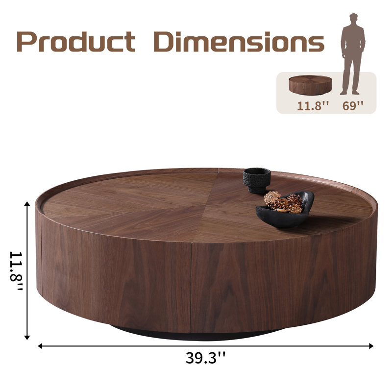 Walnut Wood Round Coffee Table with Dual Storage Drawers, Space-Saving Design, 11.8"H×39.3"L×39.3"W