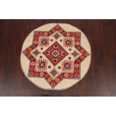 Tapis ivoire / rouge en laine noué à la main de conception unique 3 pi 2 po New Age