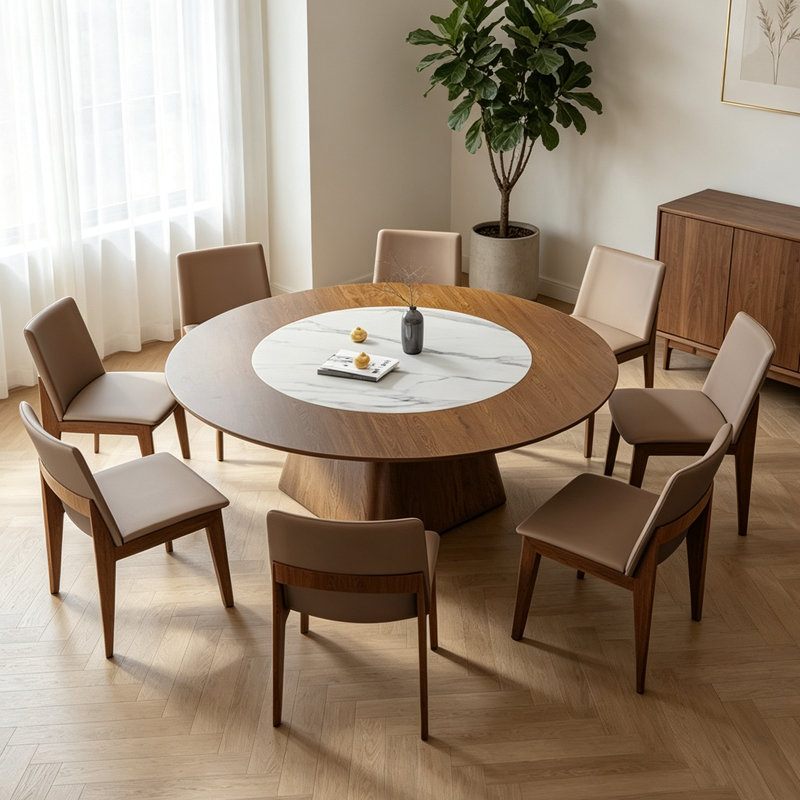 Ensembles de table de salle à manger ronds simples en bois brun, 29.5" H x 53.15" W x 53.15" D, 7 pièces : table, 6 chaises