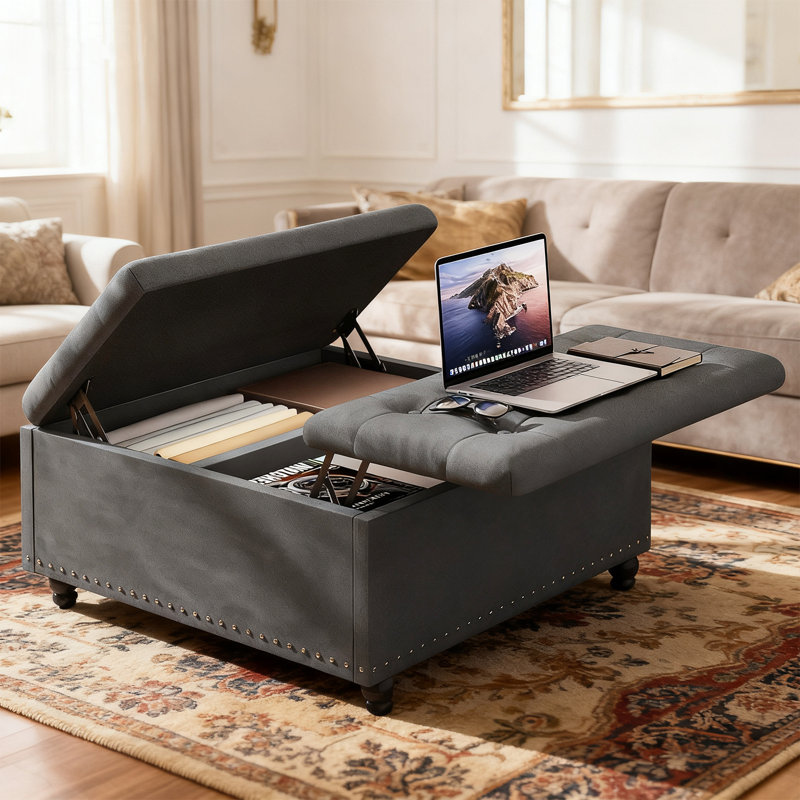 33.5"W Upholstered Square Coffee Table Storage Ottoman With Split Lift Top, Gray