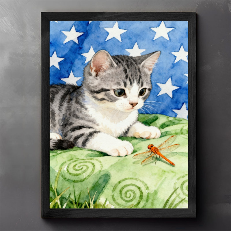 Art mural encadré noir avec chatons et insectes rétro, H 17 po x l 13 po