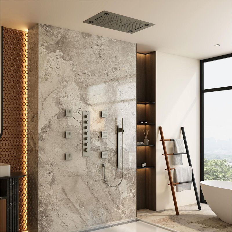 Système de douche thermostatique à pluie et à DEL de 27,5 pouces avec barre coulissante et portatif 2-en-1 Rodeo