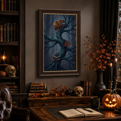 Arbre bleu avec champignons colorés dans une forêt brumeuse - Toile murale d'Halloween