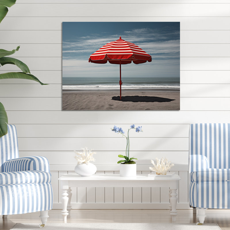 Parasol rouge de plage côtière - impressions murales nautiques et de plage en métal, H 12 po x l 20 po x P 1 po