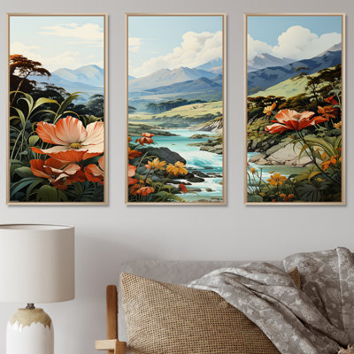 «Beautiful River and Mountain Landscape - Flowers», ensemble d'art mural