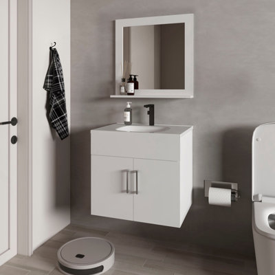 Ensemble de meuble-lavabo flottant blanc 2 portes avec lavabo et miroir