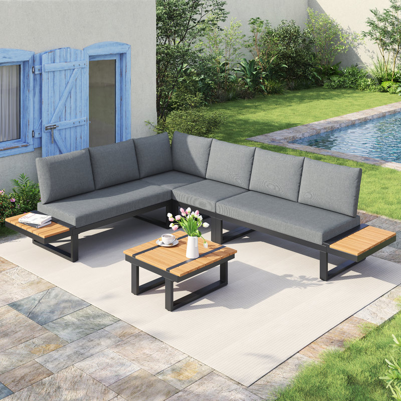 6-Seat Modular Outdoor Corner Sofa With Adjustable Reclining & Galvanized Frame, Grey Cushion/Black Frame