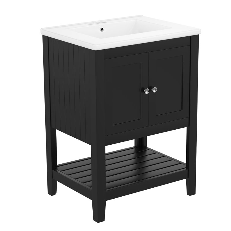 Meuble-lavabo simple 24 po avec comptoir en céramique 24 po, Noir, noir, noir, noir