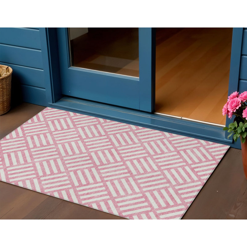 3' X 5' Pink And Ivory Geometric Washable Indoor Outdoor Area Rug
