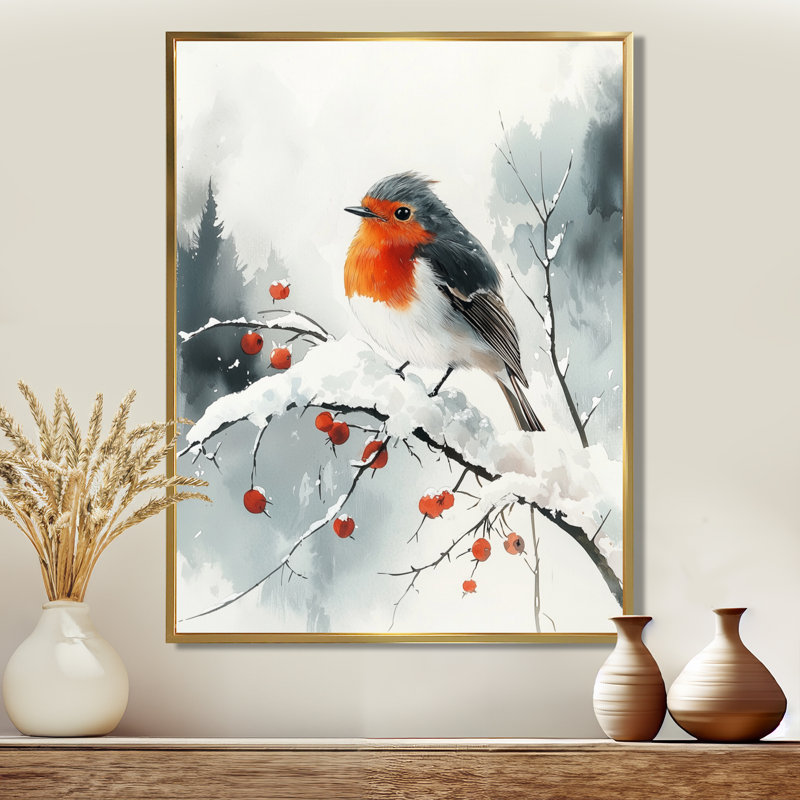 Althoff Robin Bird in Winter Snow II - Art mural oiseau, H 32 po x l 24 po, Impression encadrée flottante, Doré