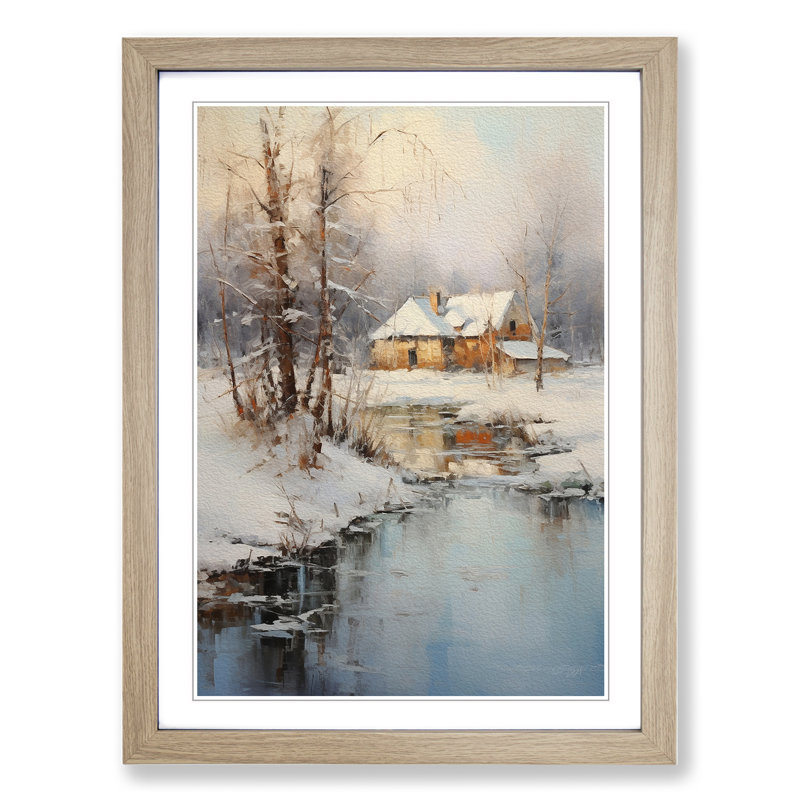 Winter Landscape Impressionism - Single Picture Frame Print on Wood, 34cm H x 25cm W x 2cm D, Oak