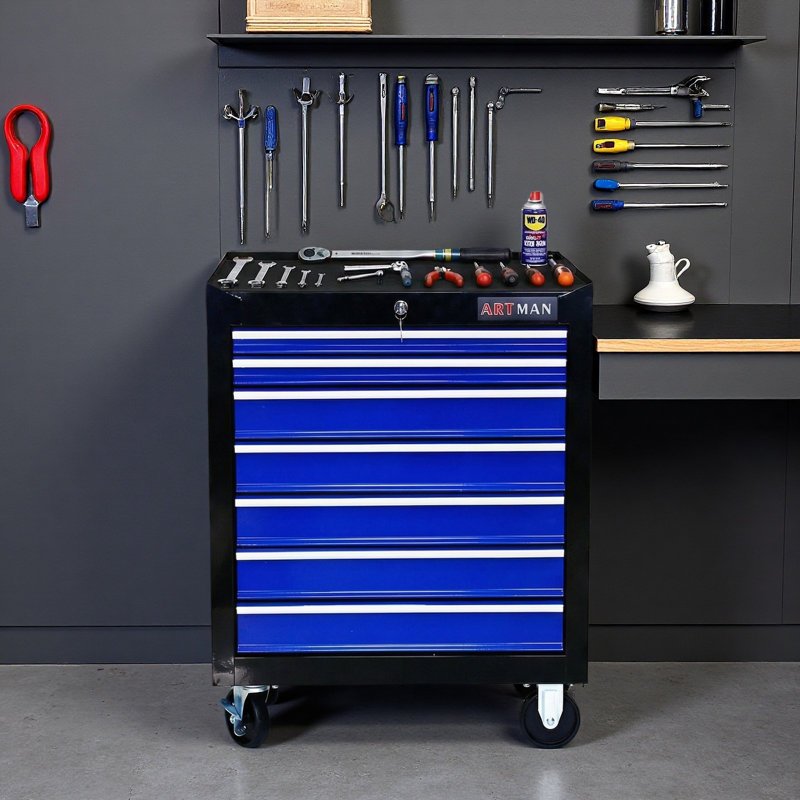 Chariot à outils 7 roulettes 7 tiroirs, Bleu
