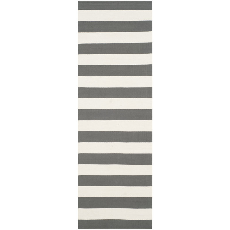 Tapis gris / ivoire en coton tissé à plat à la main Parik, Tapis de couloir 2 pi 3 po x 8 pi