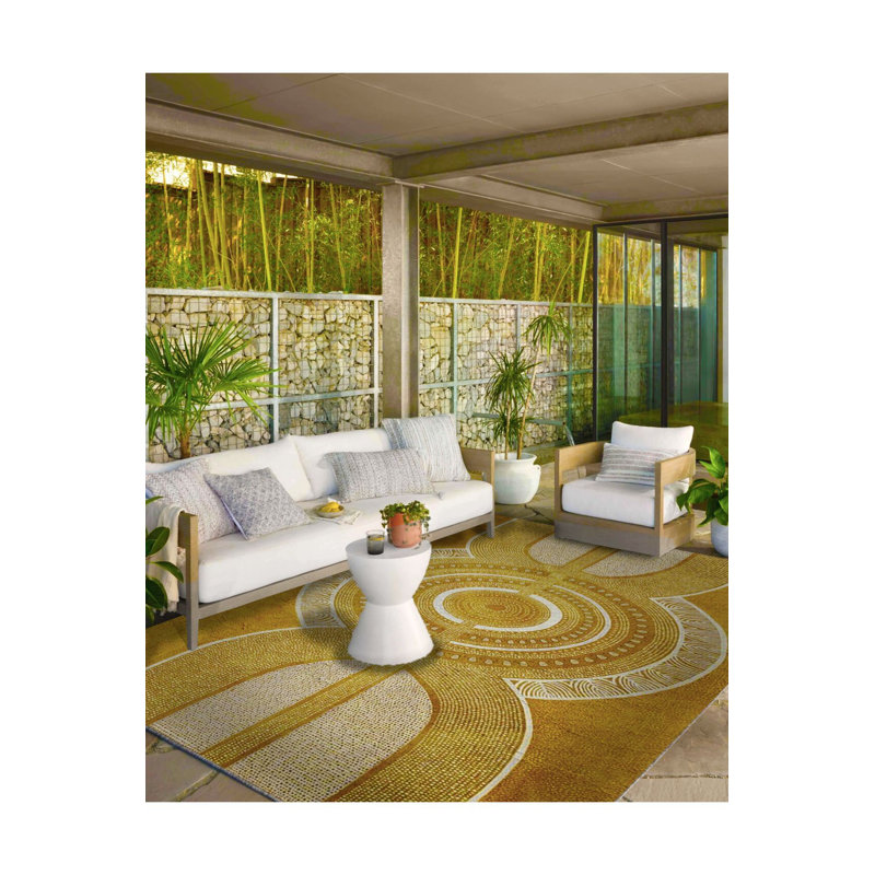 Tapis jaune lavable à base géométrique tissé, Sous-tapis rectangulaire de 3 pi 3 po x 4 pi 11 po