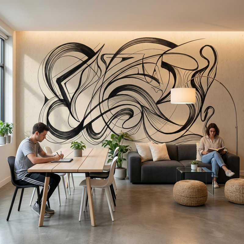 Papier peint abstrait lignes noires minimaliste, 100"x96", Peler et coller