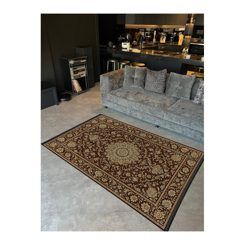 Tapis brun tissé à motif traditionnel lavable Mosso, 2'6" x 9'10"