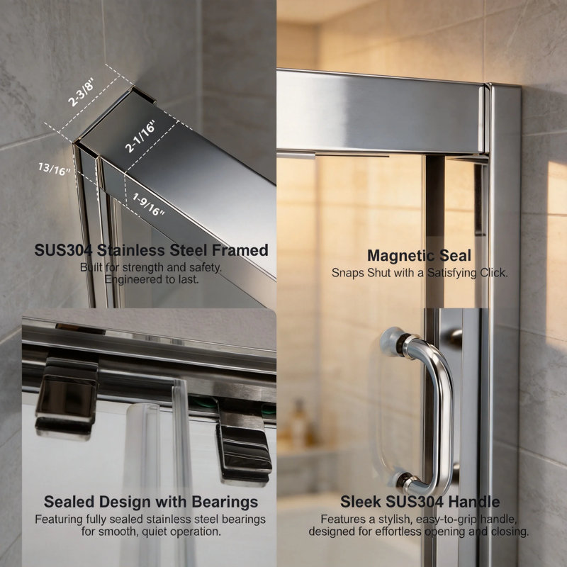 Porte de douche coulissante à triple vantail de 122 cm (L) x 193 cm (H) avec verre clair de 8 mm (5/16 po) et cadre en acier inoxydable chromé
