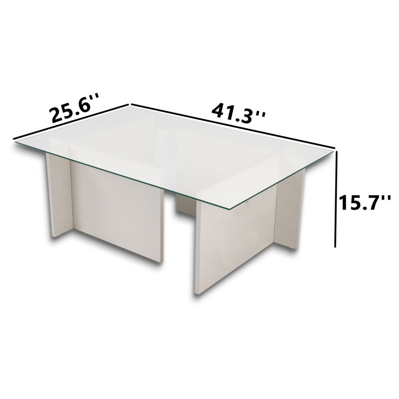 Table basse rectangulaire en verre trempé, Blanc bois, H 15,7 po x l 41,3 po x P 25,6 po