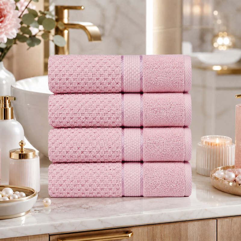Collection de serviettes essuie-mains texturés 100% coton Hode, Essuie-mains ‑ emballage de quatre, Rose tendre