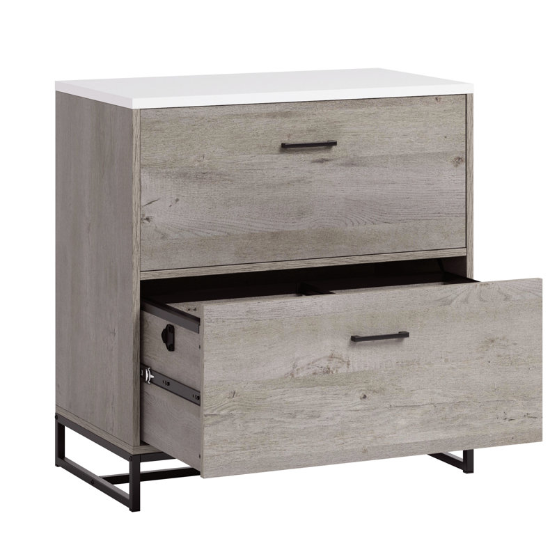 Classeur latéral contemporain brun, deux tiroirs, finition chêne, accents gris, cadre, pour le salon - unité de tiroir, structure, rangement idéal pour le bureau personnel
