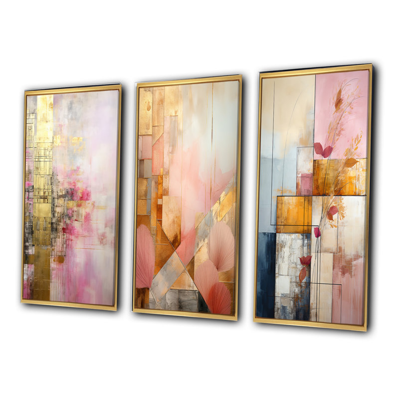 «Allure Boho Chic In Vintage Pink Gold», 3 pièces sur toile, Cadre flottant doré, H 28 po x l 36 po