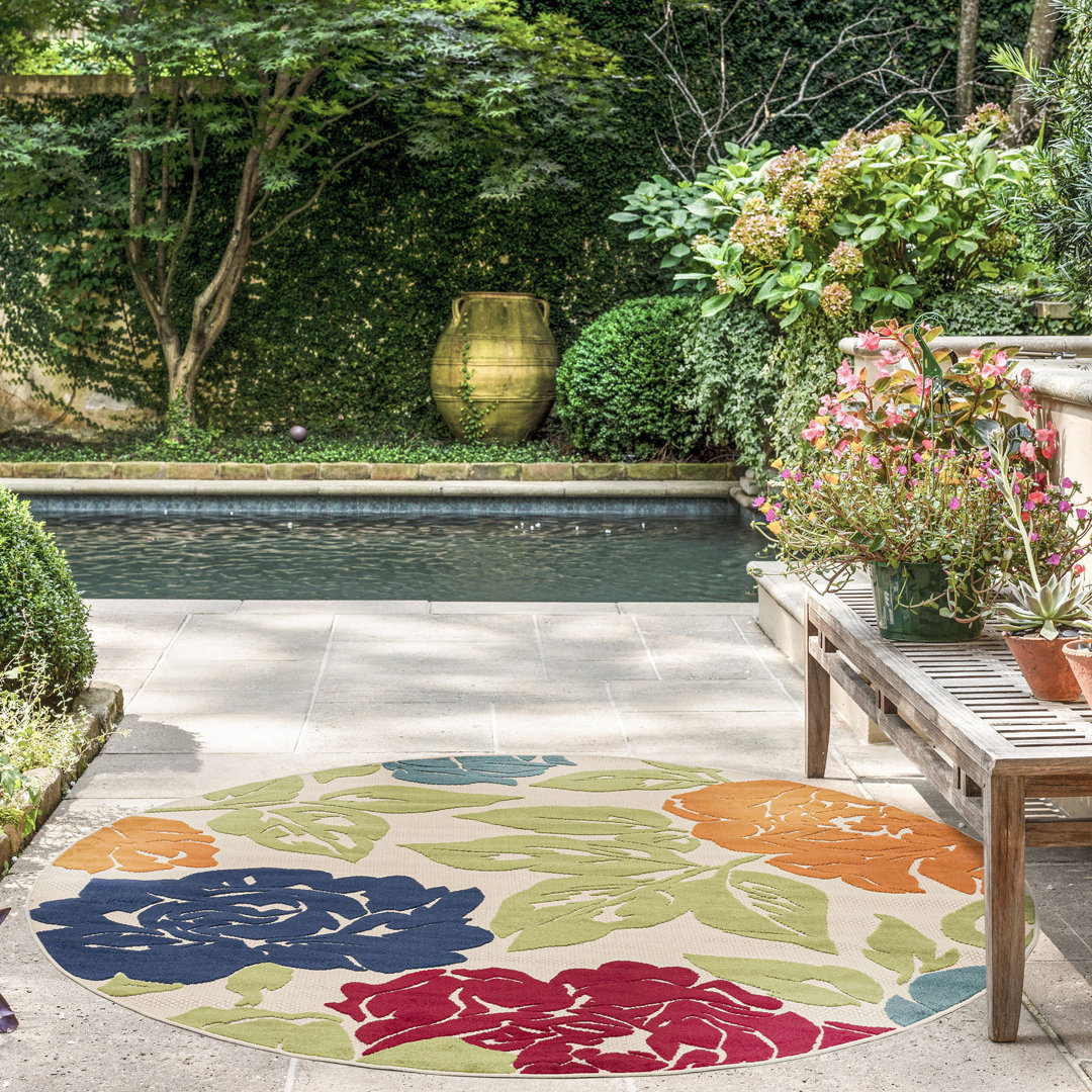 Floral Flatweave Water Resistant Indoor Outdoor Rugs for Patios, Deck, Porch or Entryway Lark Manor™ Rug 