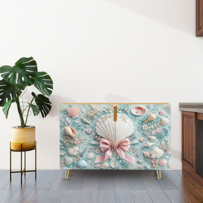 Buffet Buffet avec rangement Seashell Floral Composition Rose Bow Bleu clair avec 2 portes pour le salon et la cuisine