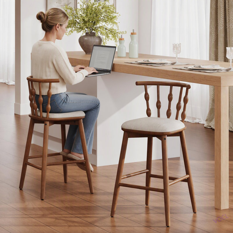 Tabouret de bar en bois, ensemble de 2, Noyer, Beige