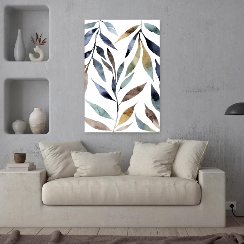 Aquarelle, feuilles, art mural abstrait contemporain, 36" H x 24" W