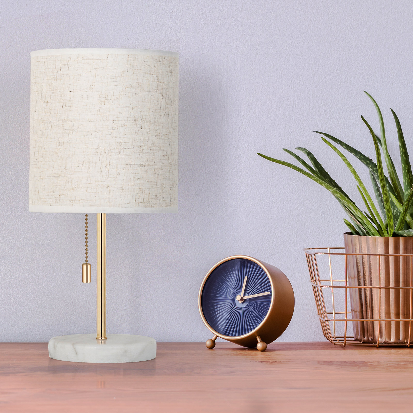 Latitude Run® Bedside Table Lamp with Marble Base and Fabric Linen ...