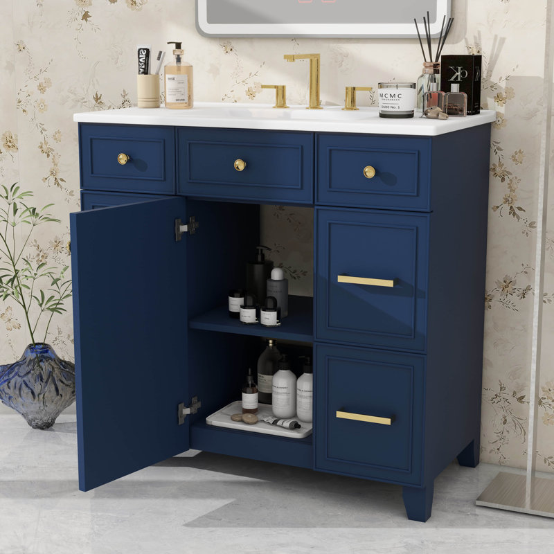 Ensemble de meuble-lavabo 36 po avec lavabo 36 po, meuble-lavabo moderne avec 3 tiroirs et portes à fermeture en douceur, armoire de salle de bain en bois massif avec lavabo encastré en céramique