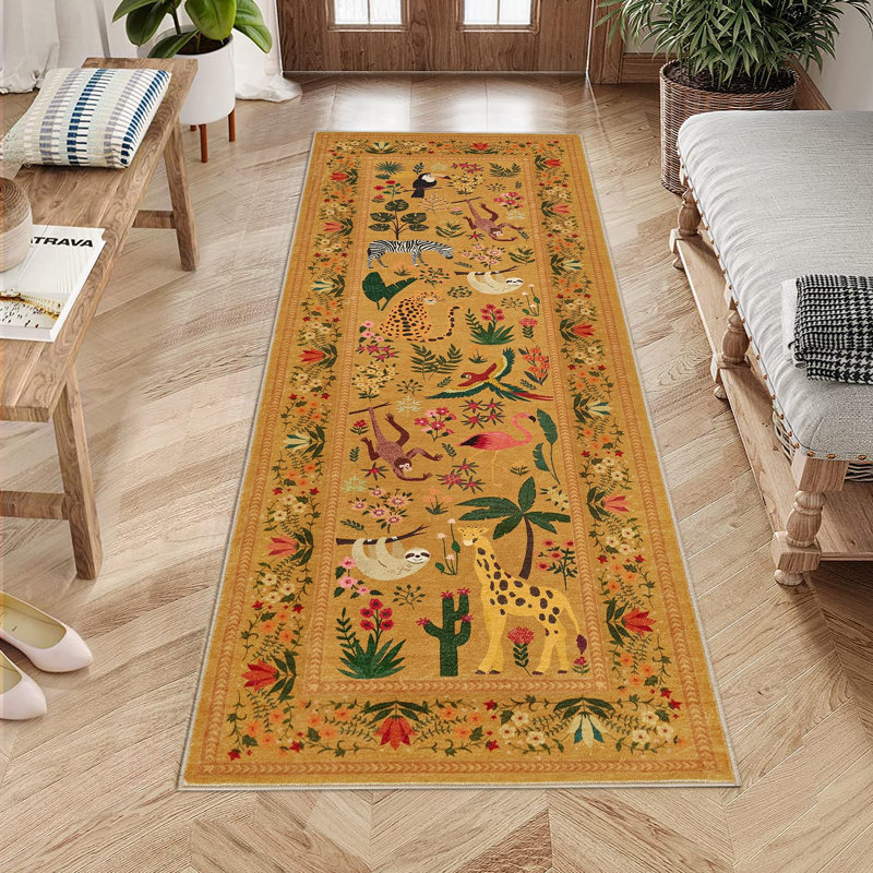 5x7 Rug, Washable Animal Living Room Rug with Non Slip Vintage Design, Soft Low Pile Large Carpet for Bedroom, Nursery, Dining Room, Farmhouse, Playroom, Kids Room, Yellow