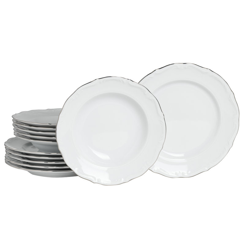Maria Theresia Porcelain China Dinnerware Set 12 Piece - Service for 6, Platinum/White