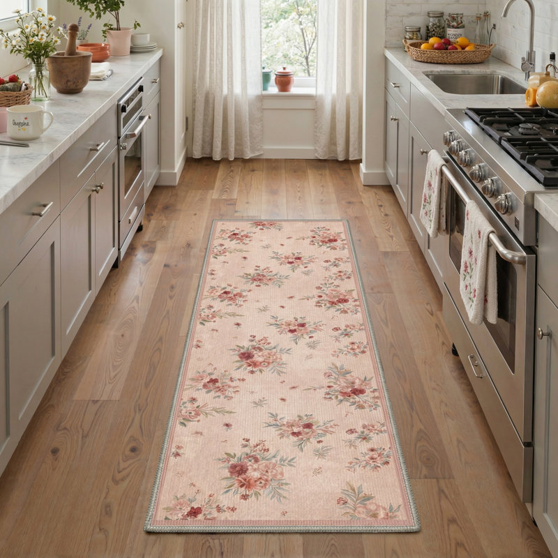  Tapis d'intérieur rose / bleu / vert lavable à la machine Acker avec envers antidérapant, Tapis de couloir 2 pi 3 po x 6 pi