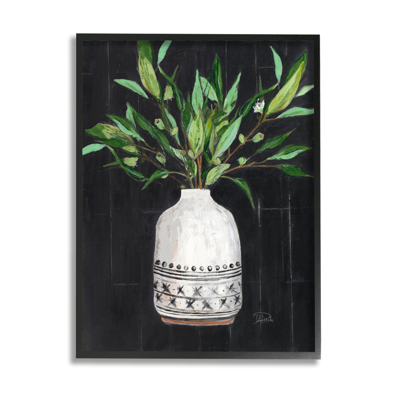 Grand vase de poterie à motif de grandes feuilles botaniques par Patricia Pinto - peinture sur toile avec cadre flottant