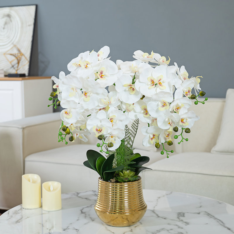 Vanity Art 26.77 in. H Artificial Orchid Floral Arrangement in Gold-plated Ceramics Vase